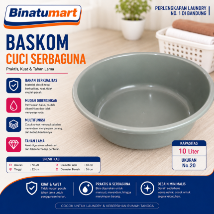Baskom Cuci Serbaguna Plastik Tebal Jumbo No 20 | Baskom Abu Abu Besar Original Diameter 50cm