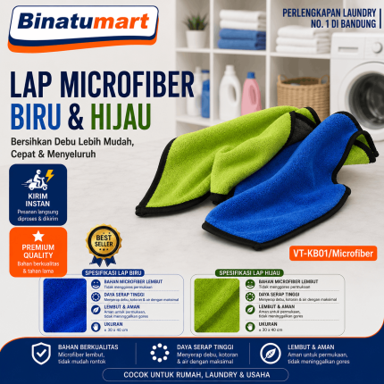 Kain Lap Microfiber Biru Hijau | Tebal Lembut Daya Serap Tinggi Ukuran 30x40cm Original