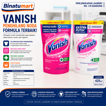 Vanish Penghilang Noda dan Pemutih Cair Refill Pouch 425ml | Detergen Penguat Anti Noda Membandel & Higienis Original