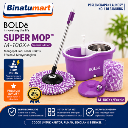 BOLDE Super Mop M100 X + Plus | Model Ungu, Alat Pel Modern dengan Kain Microfiber, Saringan Stainless, 2 Kain Microfiber